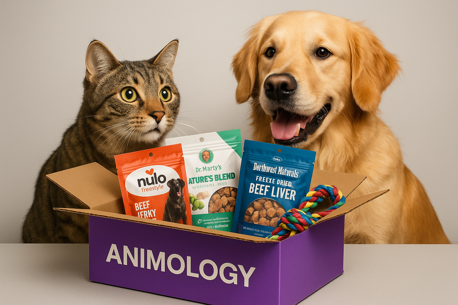 MAKE THE TREATS branded to nulo, dr marty and northwest natural brands. make the box purple with animology white. the cat and dog need to be more realistic